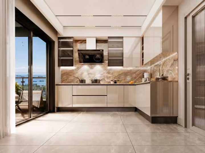 Architectural rendering of a fitted kitchen with light-coloured cabinets and a glazed door to the balcony.