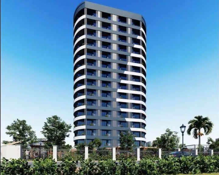 Architectural rendering of the rounded residential tower from the front