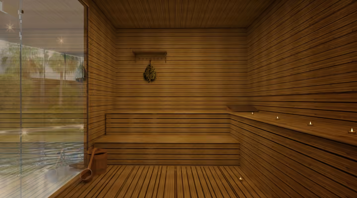 Architectural rendering of sauna interior with timber benches in Gaziemir, Izmir.