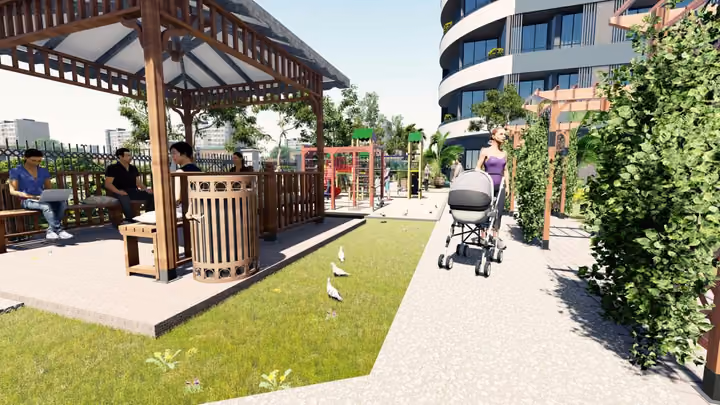 Rendering of a gazebo and landscaped pedestrian path