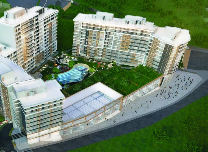 Architectural visualization showing the apartment blocks, pool courtyard and surrounding streets.