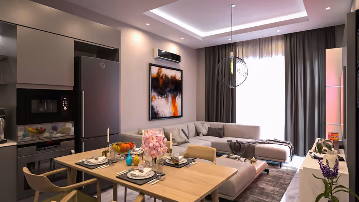 Illustrative showroom rendering of an open-plan living room and kitchen