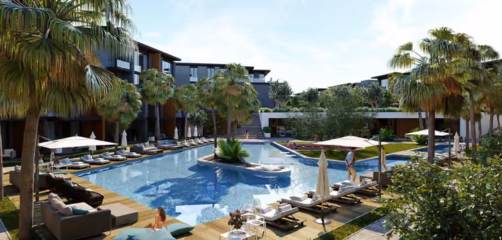Architectural rendering of pool deck with loungers and umbrellas in Gaziemir, Izmir.