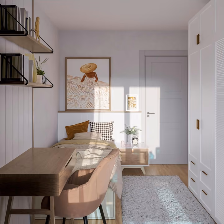 Interior rendering of a small bedroom with wall shelves and a desk