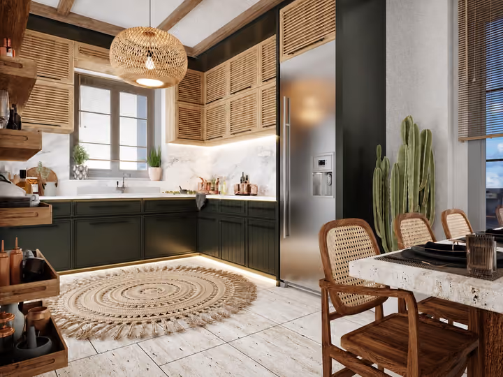 Architectural rendering of kitchen and dining area beside corner windows in Alacati, Cesme.