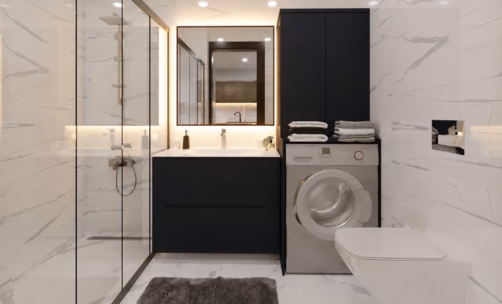 Architectural rendering of bathroom with shower and washbasin.