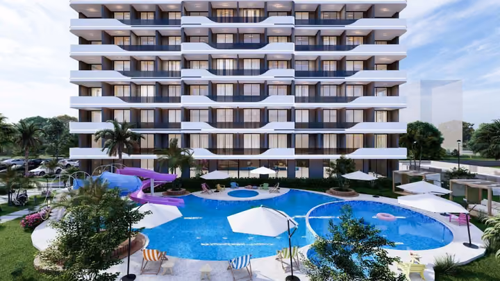 Architectural visualisation of apartment buildings around a landscaped pool courtyard in Erdemli.