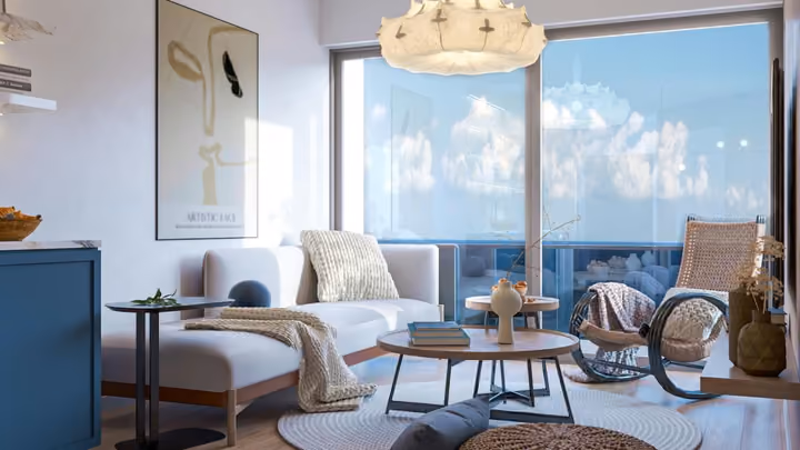 Interior rendering of the living room beside sea-facing glazing