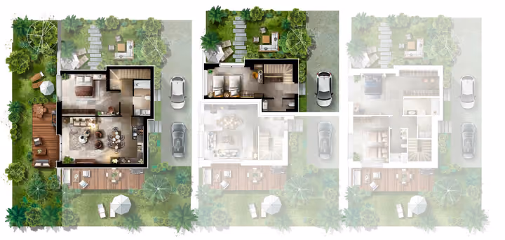 A rendered plan highlighting the lower living level and the upper bedroom area of a 2 bedroom Type B townhouse. The highlighted areas are preserved exactly as supplied.