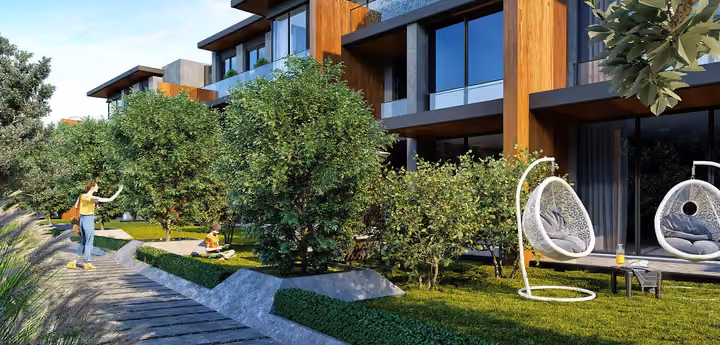 Architectural rendering of private garden edge beside ground floor residences in Gaziemir, Izmir.