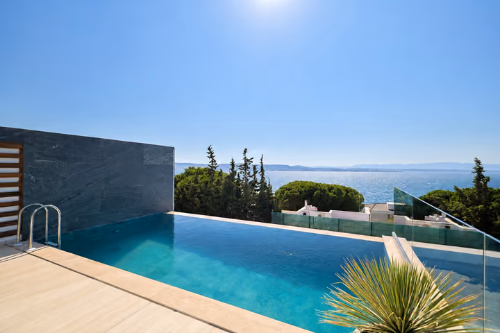 Private swimming pool overlooking the Aegean Sea from the villa terrace.