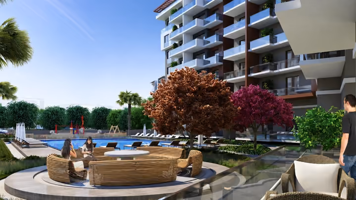 Architectural rendering of seating beside planting beds and the shared courtyard.