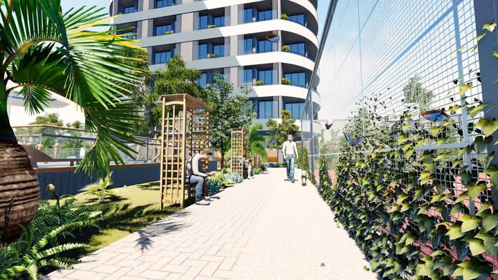 Rendering of a planted walkway beside the sports court
