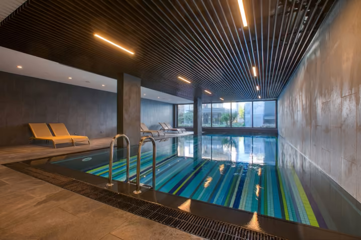Indoor swimming pool and relaxation loungers in Boyalik, Cesme.