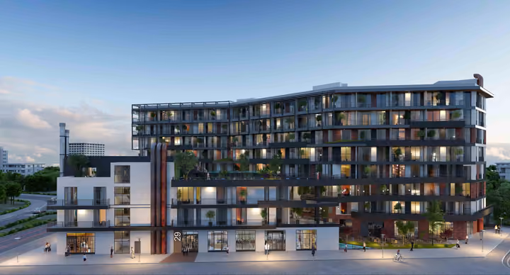 Architectural rendering of front elevation of the residential blocks.