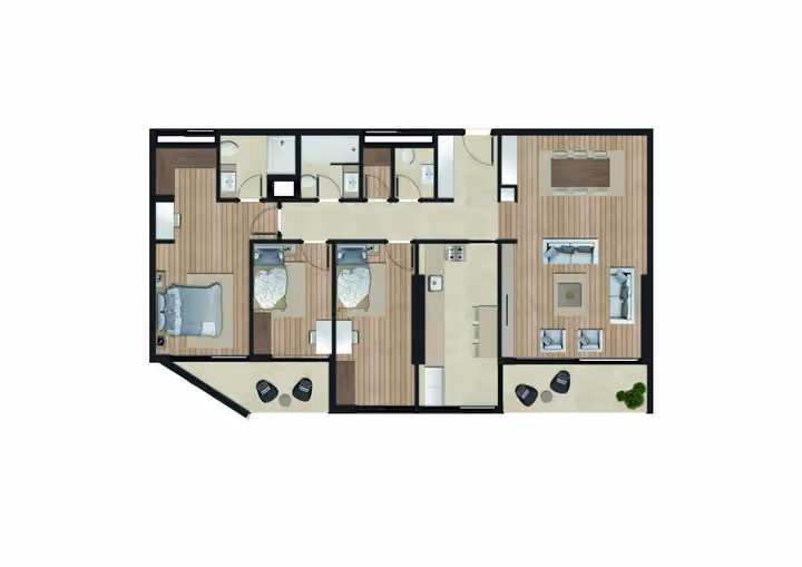 Original catalogue floor-plan illustration for a 3-bedroom apartment with two bathrooms, 123.62 square metres net and 139.00 square metres gross area. Some layouts also have a separate guest WC.