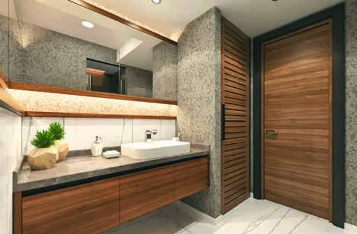 Interior visualization showing the bathroom vanity, wall mirror and timber storage.