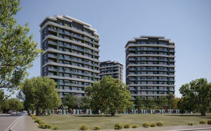 Architectural visualisation of residential towers and landscaped grounds in Tece.