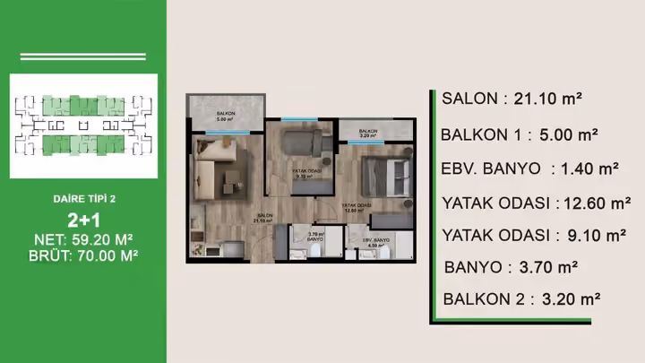 Two-bedroom plan showing 70 square metres gross area, two bathrooms and two balconies.