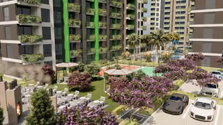 Architectural visualisation of the landscaped courtyard and outdoor parking.