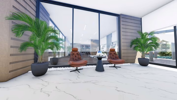 Rendering of seating inside the shared entrance area