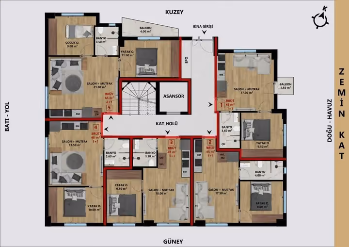 Entrance-floor plan showing the one-bedroom apartment numbered 1.