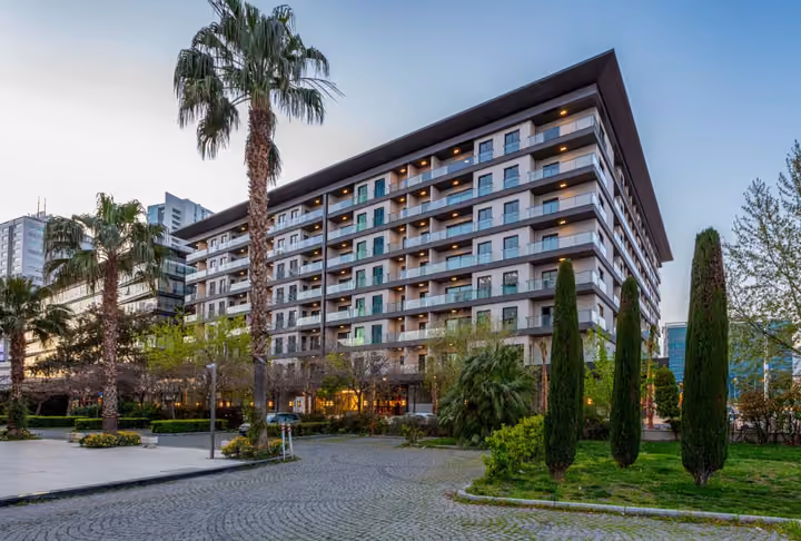 Photograph of landscaped pedestrian area beside the residences.
