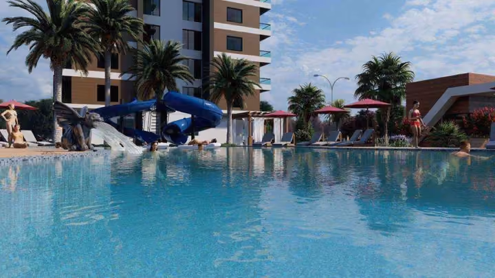 Architectural visualization of the outdoor swimming pool and water slides.