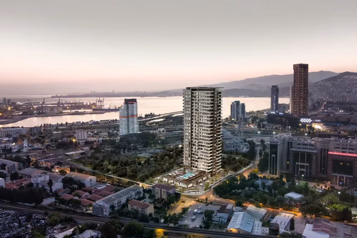 Evening aerial architectural rendering in Cinarli, Izmir