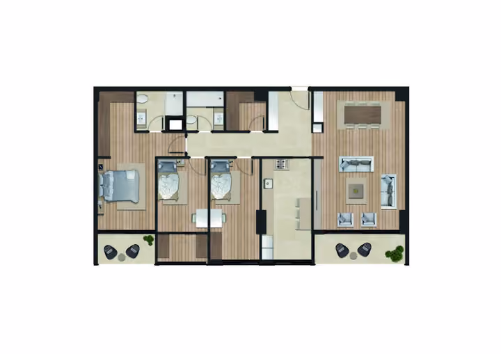 Original catalogue floor-plan illustration for a 3-bedroom apartment with two bathrooms, 126.78 square metres net and 141.00 square metres gross area. Some layouts also have a separate guest WC.