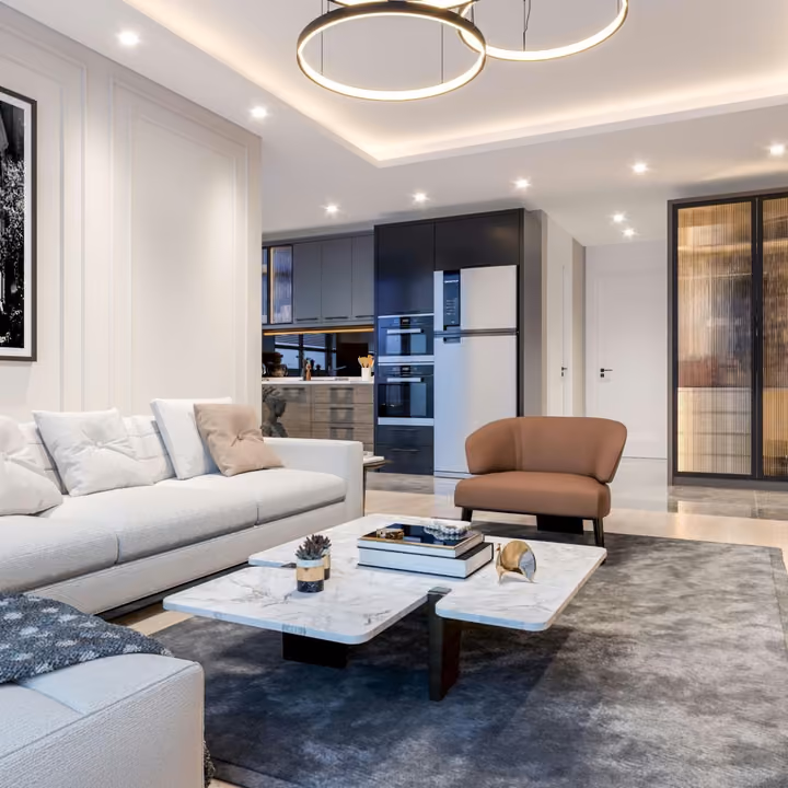 Representative rendering of an open living area and kitchen