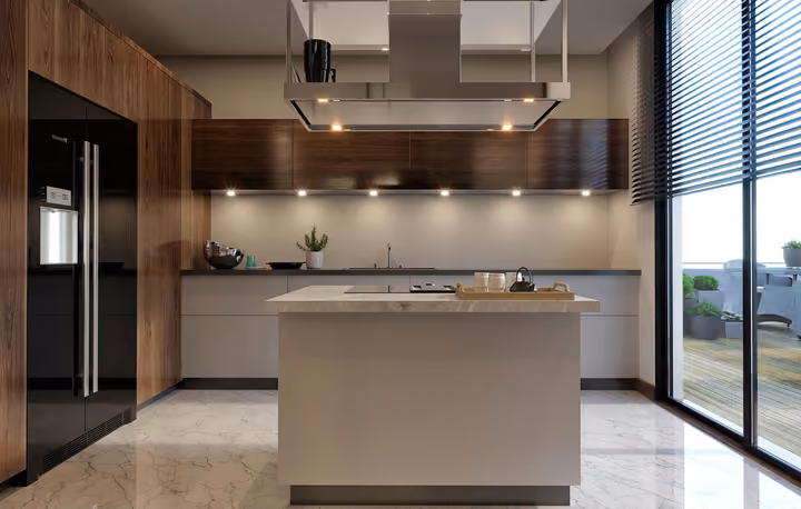 Architectural rendering of island kitchen with timber cabinets in Gaziemir, Izmir.