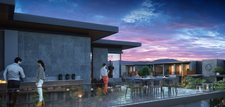 Architectural rendering of evening dining area on a private terrace in Gaziemir, Izmir.
