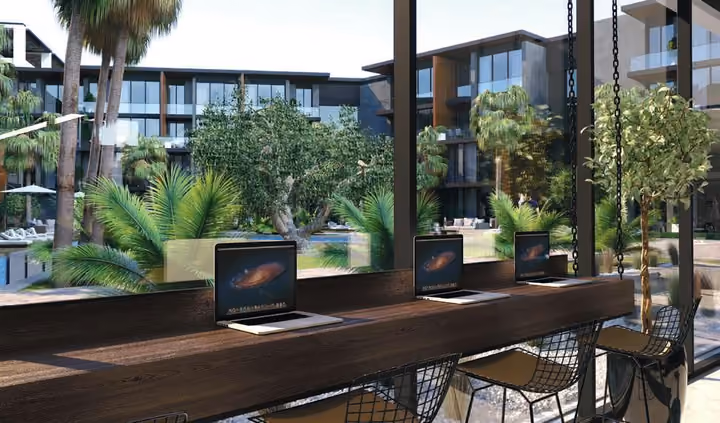 Architectural rendering of communal work counter facing the gardens in Gaziemir, Izmir.