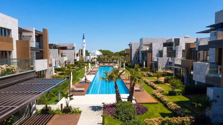 Elevated view along the central pool courtyard in Boyalik, Cesme.