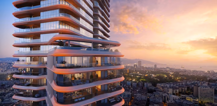 Architectural visualization of the tower balconies with the bay and city in the distance.