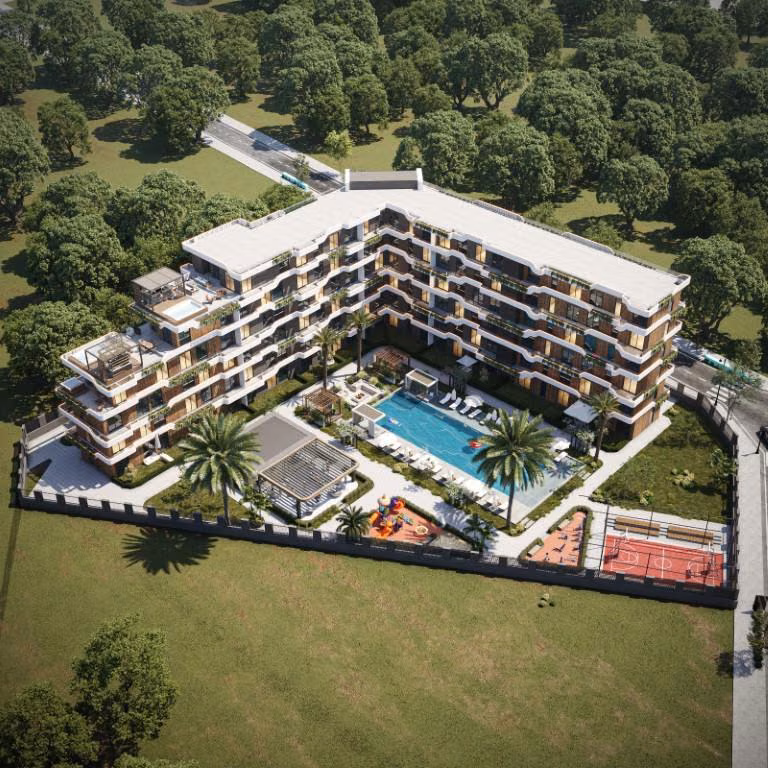 Architectural visualisation of the apartment buildings, pool and landscaped courtyard in Altintas.