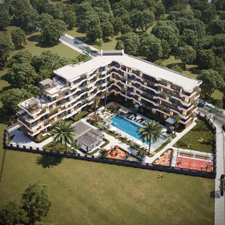 Architectural visualisation of the apartment buildings, pool and landscaped courtyard in Altintas.