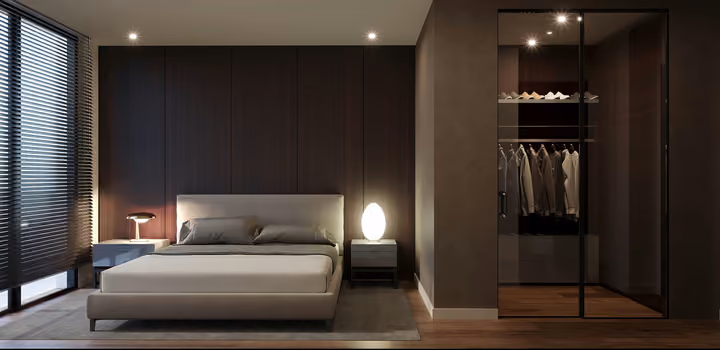 Architectural rendering of bedroom with dressing storage and bedside lighting in Gaziemir, Izmir.