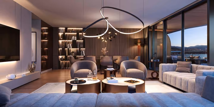 Developer interior visualization of the lounge, television wall and adjoining dining space.