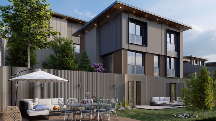 A multilevel villa and a garden terrace with outdoor seating and dining furniture. Architectural render supplied in the project source folder; it illustrates the proposed design.