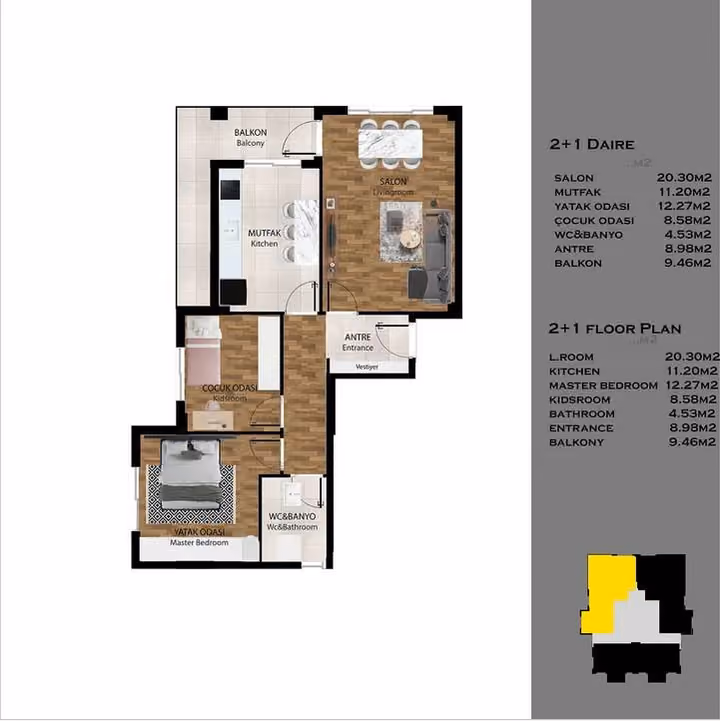 Supplied two-bedroom plan with a separate kitchen and one full bathroom.