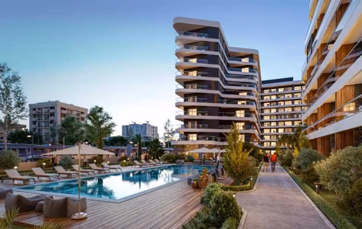 Architectural visualization of the pool, garden path and balconies facing the shared courtyard.