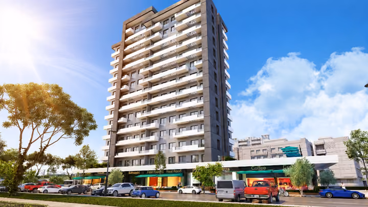 Rendering of a residential tower with stacked balconies above ground-floor commercial space.