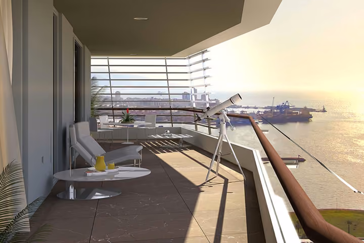 High-floor terrace overlooking Izmir Bay.