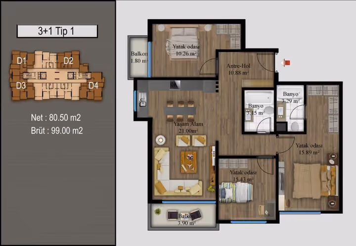 Three-bedroom floor plan with 99 square metres gross area, two bathrooms and two balconies.