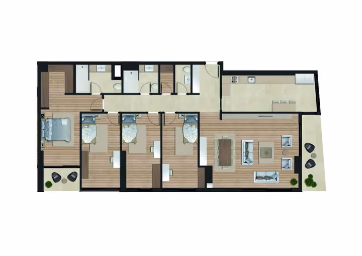 Original catalogue floor-plan illustration for a 4-bedroom apartment with two bathrooms, 155.48 square metres net and 173.00 square metres gross area. Some layouts also have a separate guest WC.