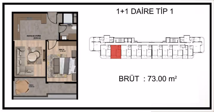 An alternative one-bedroom plan labels 73 square meters gross; it is project context and is not the 75 square meter sale option.