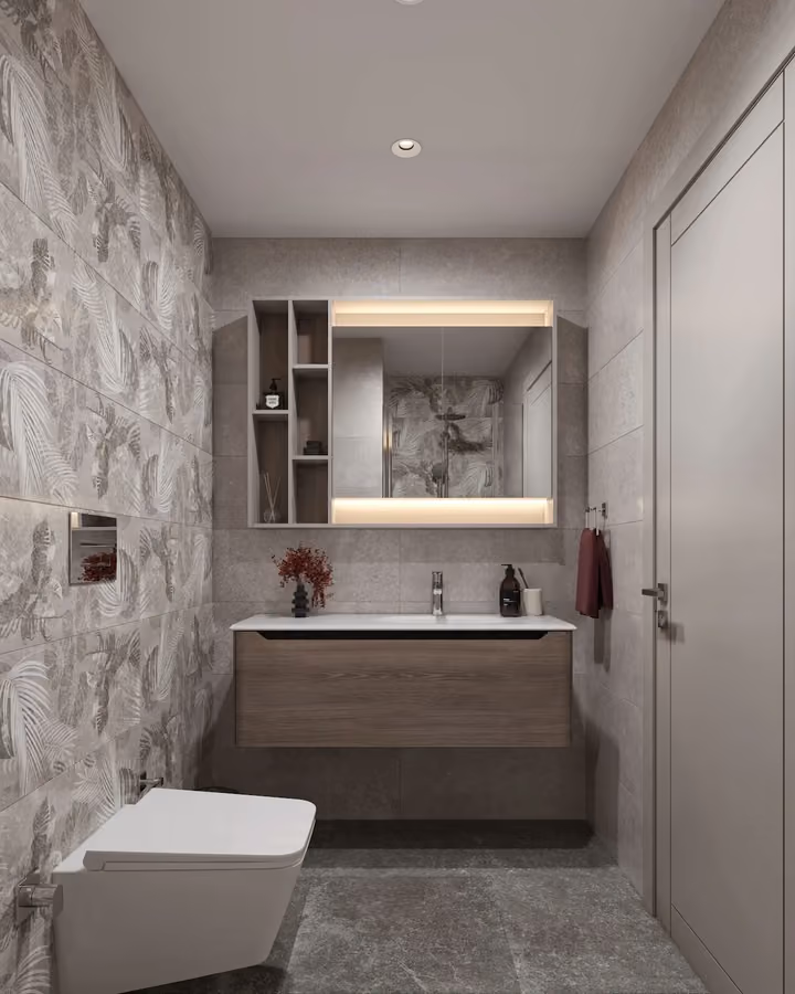 Interior rendering of a one-bedroom apartment bathroom in Topkapi