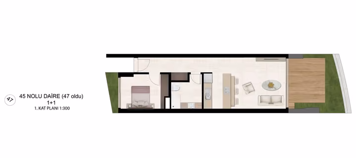 Developer catalogue plan illustrating a one-bedroom apartment and terrace. This is a project layout example, not a current availability statement.